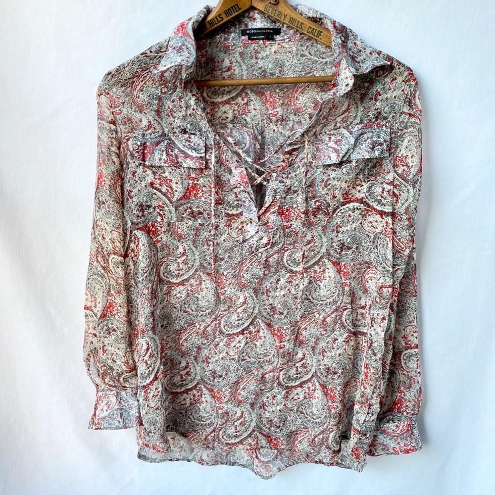 BCBG MaxAzria Paisley Sheer Blouse Top Large